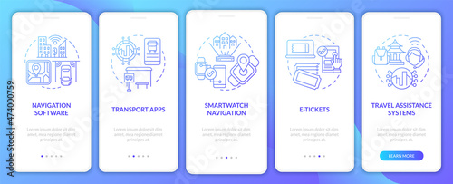 Public transportation digital service onboarding mobile app page screen. Service walkthrough 5 steps graphic instructions with concepts. UI, UX, GUI vector template with linear color illustrations
