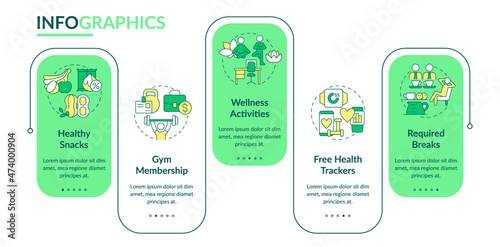 Employee health bonuses infographic template. Healthy lunch during work. Data visualization with 5 steps. Process timeline info chart. Workflow layout with line icons. Lato-Bold, Regular fonts used