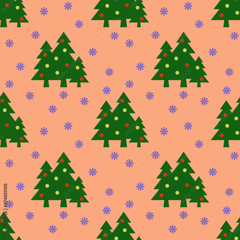 Seamless pattern.Image of green trees with balls and snowflakes on pastel red orange backgrounds. Symbol of New Year and Christmas.Template for application to surface.3D image. 3d rendering