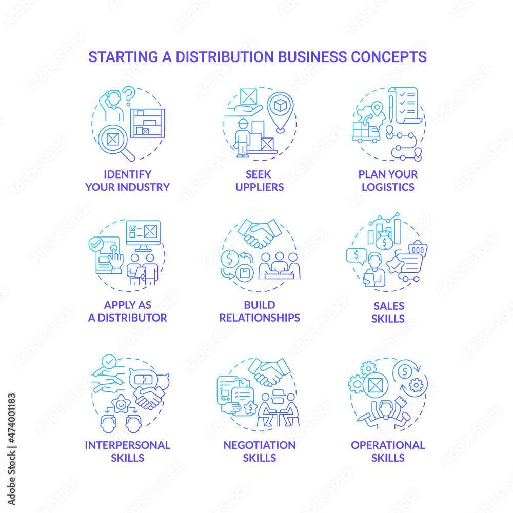 Starting distribution business blue gradient concept icons set. Entrepreneurship startup development. Wholesale trading company idea thin line color illustrations. Vector isolated outline drawings Starting distribution business blue gradient concept icons set. Entrepreneurship startup development. Wholesale trading company idea thin line color illustrations. Vector isolated outline drawings
