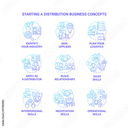 Starting distribution business blue gradient concept icons set. Entrepreneurship startup development. Wholesale trading company idea thin line color illustrations. Vector isolated outline drawings