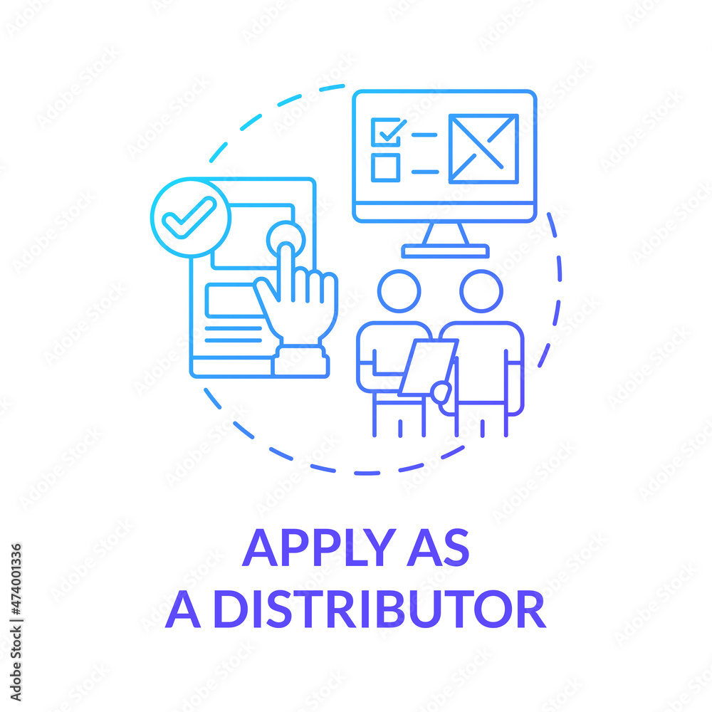 Apply as distributor blue gradient concept icon. Build partners relationship with suppliers. Start business abstract idea thin line illustration. Vector isolated outline color drawing Apply as distributor blue gradient concept icon. Build partners relationship with suppliers. Start business abstract idea thin line illustration. Vector isolated outline color drawing