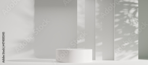 Fotografie, Obraz Minimal abstract luxury white podiums block for product presentation with empty stage, Sunshade shadow on beige and shadows of tree leaves, Pedestal for cosmetic product, 3d render illustration