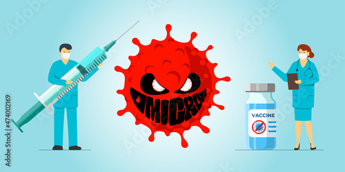 New coronavirus variant of COVID-19 strain omicron and vaccination concept. Medical staff doctor and nurse standing near mutated corona virus outbreak. Respiratory infection epidemic and doctors. Eps