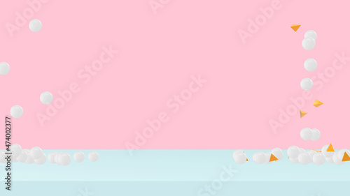 3d rendering geometric shapes ,pastel colors,pink wall and blue floor,white sphere and golden triangle falling and bouncing on the floor,blank template geometric