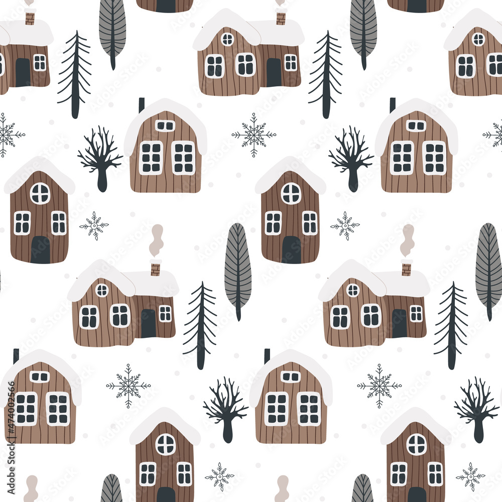 Seamless Scandinavian pattern with hand-drawn houses, mountains and trees. Vectral pattern for baby textiles, gift paper, baby room design
