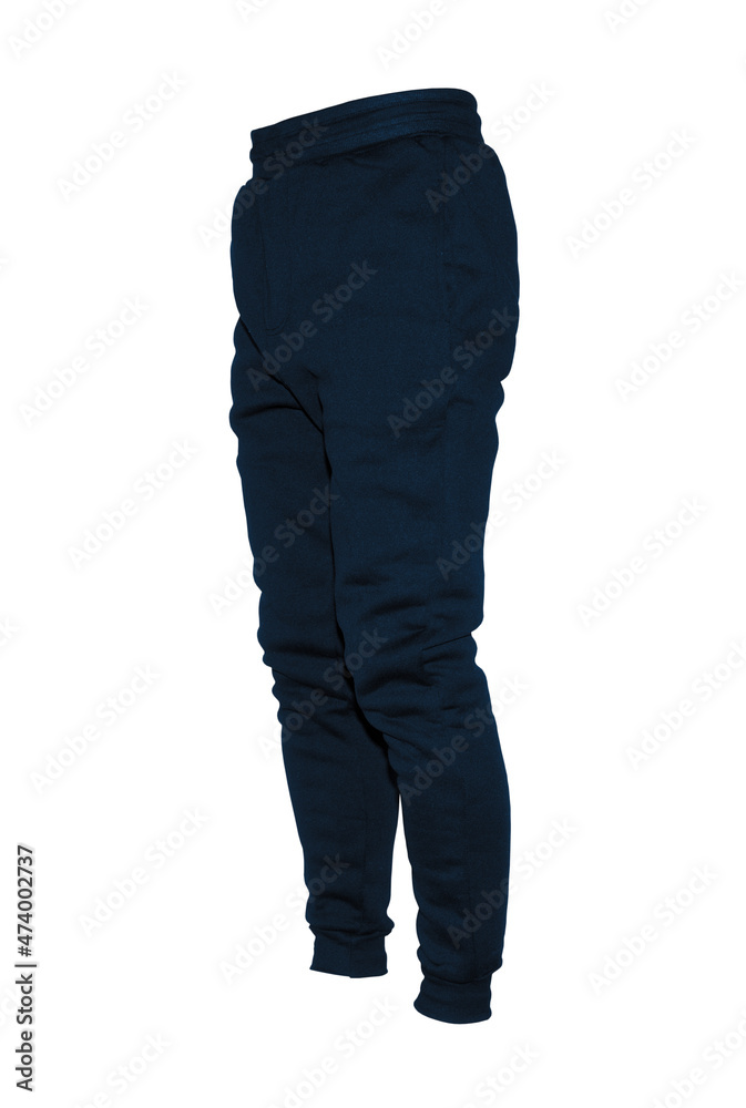 Blank training jogger pants color navy on invisible mannequin template side view on white background
Blank training jogger pants color navy on invisible mannequin template side view on white background