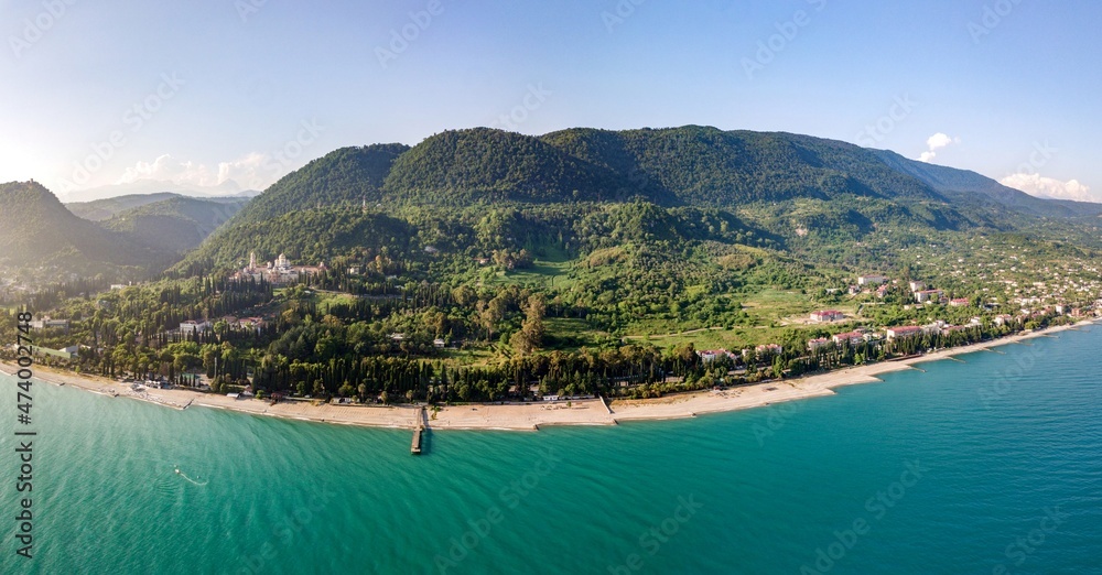 Aerial view of beautiful sea and forest in Gagra, summer in the Caucasus in Abkhazia