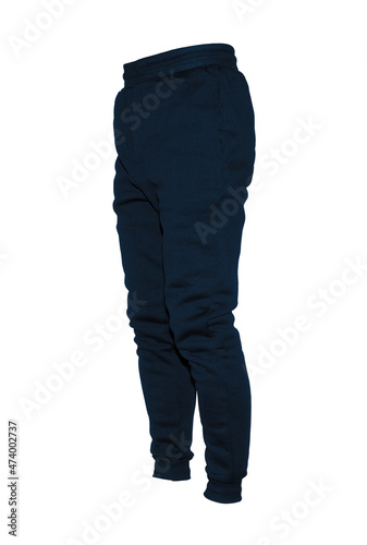 Blank training jogger pants color navy on invisible mannequin template side view on white background  © Taeksang