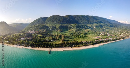 Aerial view of beautiful sea and forest in Gagra, summer in the Caucasus in Abkhazia