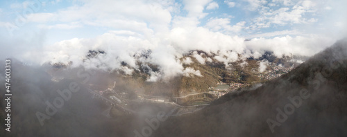 Aerial view of mountains near Krasnaya Polyana village, Sochi, Russia