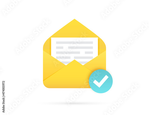 Mail envelope with document and check mark icon. Vector illustration