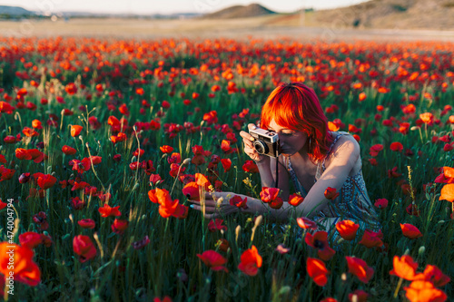 Redheaded woman taking photo of poppy flowers through camera at sunset photo