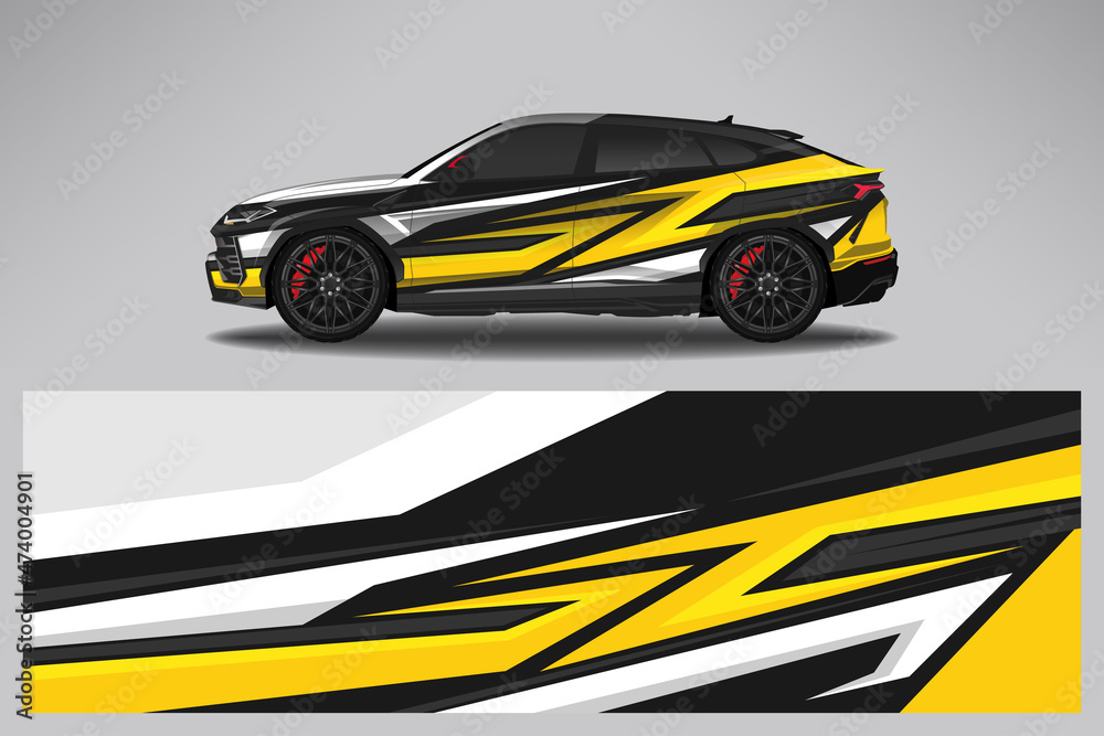 Car wrap design race livery vehicle vector. Graphic stripe racing background kit designs for vehicle, race car, rally, adventure and livery
