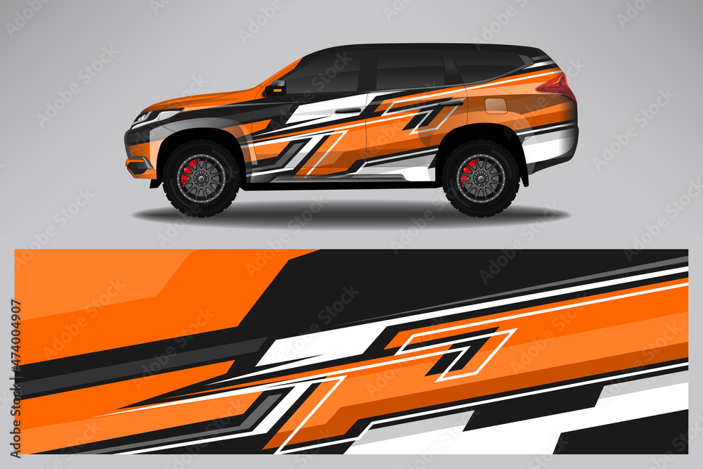Car wrap design race livery vehicle vector. Graphic stripe racing background kit designs for vehicle, race car, rally, adventure and livery Car wrap design race livery vehicle vector. Graphic stripe racing background kit designs for vehicle, race car, rally, adventure and livery