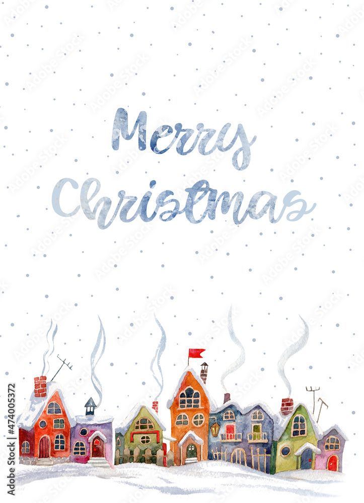 Winter houses. Watercolor illustration with cute Christmas houses. Christmas card with winter houses.