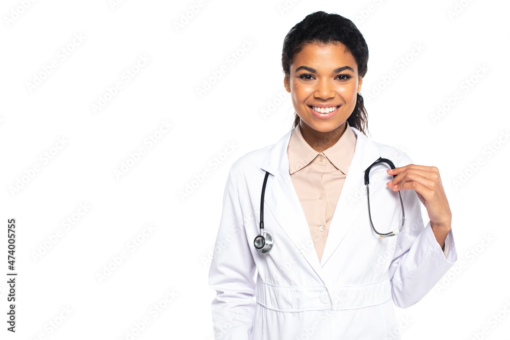Young african american doctor smiling at camera isolated on white. Young african american doctor smiling at camera isolated on white.