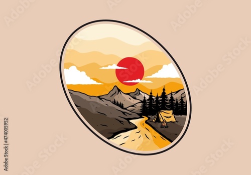Camping by the river flat illustration