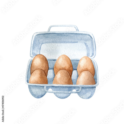 Blue plastic container with six eggs and handle isolated on white. Watercolor illustration. Hand drawn food clipart.