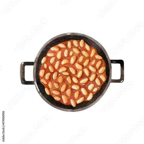 Cuadro en lienzo Cast iron saucepan with baked beans in tomato sauce isolated on white