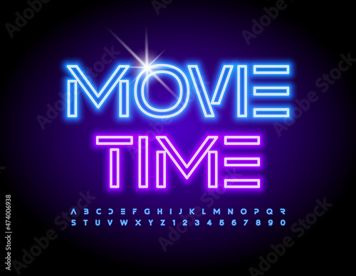 Vector creative poster Movie Time with futuristic Alphabet Letters and Numbers set. Neon bright Font