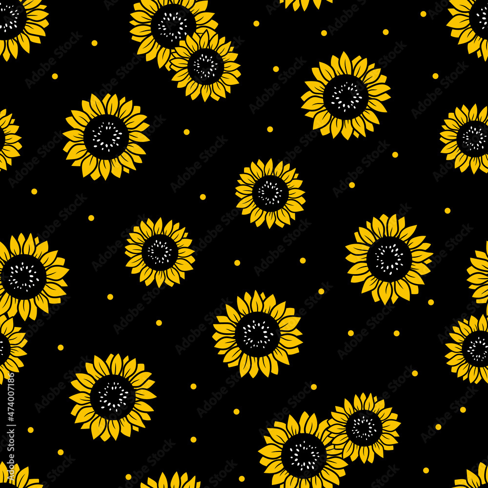 Seamless pattern with sunflowers on black background. Hand drawn vector ...