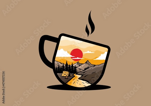 Camping by the river flat illustration