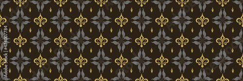 Beautiful background pattern with decorative floral elements on a black background. Seamless wallpaper texture. Vector illustration