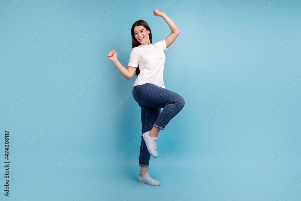 Fototapeta premium Full body profile side photo of young pretty girl rejoice success sale isolated over blue color background