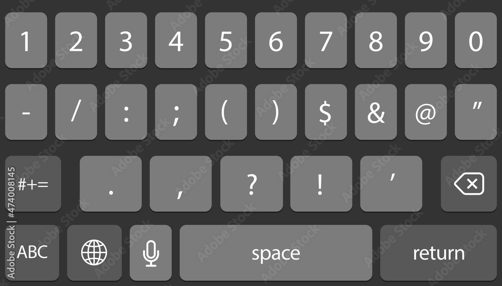 Screen smartphone keyboard, mobile phone alphabet buttons keypad, social media keyboard for digital device. Vector illustration
