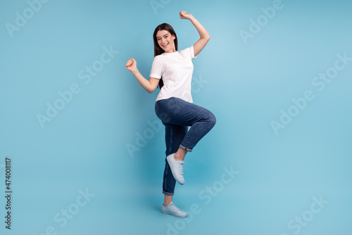 Full body profile side photo of young pretty girl rejoice success sale isolated over blue color background