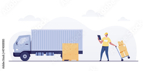Warehouse worker loading boxes in truck. moving cargo boxes onto trucks. vector illustration