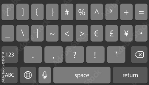 Screen smartphone keyboard, mobile phone alphabet buttons keypad, social media keyboard for digital device. Vector illustration