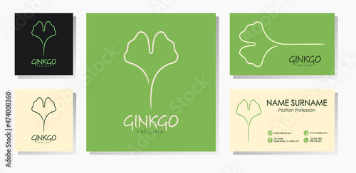 Ginkgo biloba leaf logotype. Set with business cards templates in natural green colors. Best for web, logo creation and branding design. Organic cosmetics or other nature product concept.