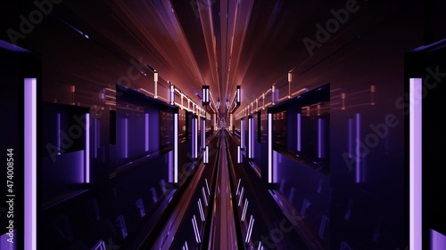 3d illustration with glowing fluorescent lamps in dark tunnel