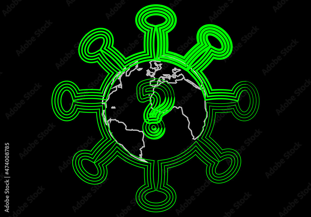 Icono verde de un virus de covid-19 o viruela del mono en fondo negro.