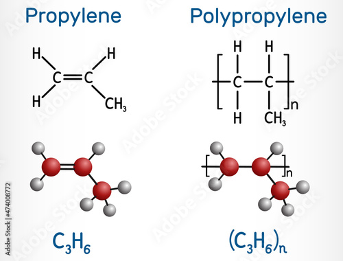 Propylene (propene)  and polypropylene (PP, polypropene) molecule. Polymer and monomer. Structural chemical formula, molecule model photo