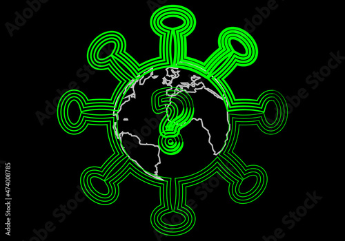 Icono verde de un virus de covid-19 o viruela del mono en fondo negro.