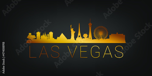 Las Vegas, NV, USA Gold Skyline City Silhouette Vector. Golden Design Luxury Style Icon Symbols. Travel and Tourism Famous Building