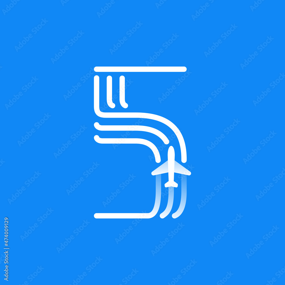 Number five logo is made of three parallel lines with a plane icon. Number five logo is made of three parallel lines with a plane icon.