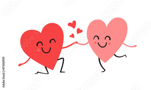 Cute heart characters isolated vector illustration. Romantic wedding couple Valentines Day design concept. Happy smiling couple. Two hearts in red and pink colors