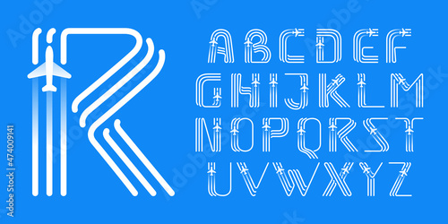 Alphabet made of three parallel lines with a plane icon.