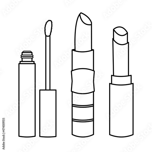Three line icons with lipstick, lip gloss and lip balm.  Cosmetic for lips. Make-up vector items. Beauty symbols isolated on white background. Illustration EPS 10