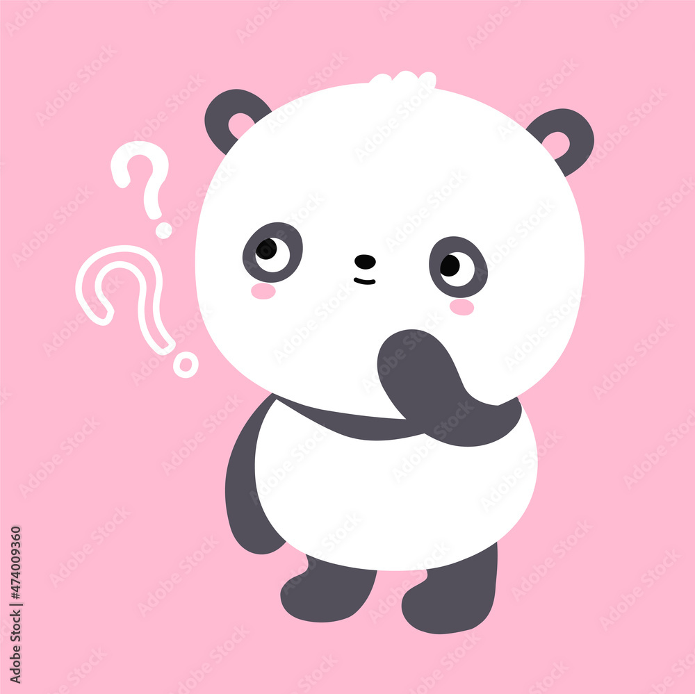 Naklejka premium Cute funny kawaii little panda bear with question mark. Vector flat cartoon kawaii character illustration icon. Cartoon cute panda bear think character icon concept
