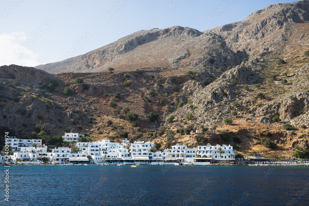 Bay and village of Loutro from the Mediterranean sea in southern Crete, Greece