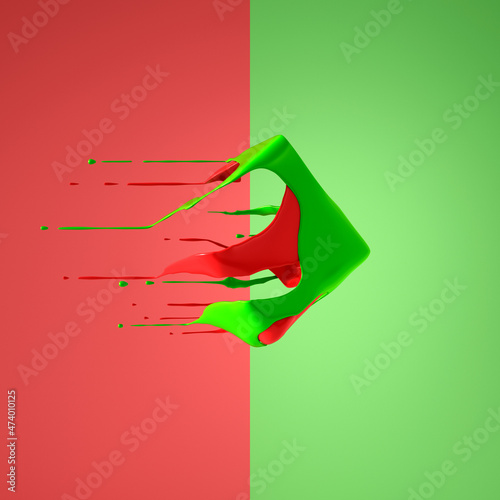 Red and green liquid cube flying past red and greenbackground photo