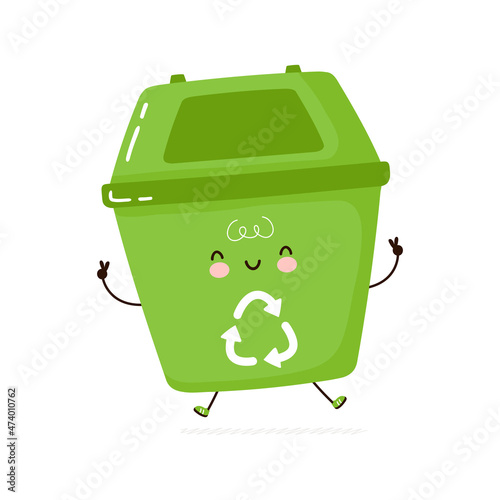 Cute funny trash recycle bin character. Vector hand drawn cartoon kawaii character illustration icon. Isolated on white background. Trash recycle bin character concept