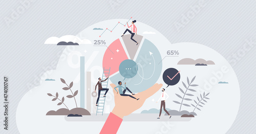 People analytics and data statistics for social research tiny person concept. Percentage diagram and chart with calculation and measurements vector illustration. Labor information report analysis.