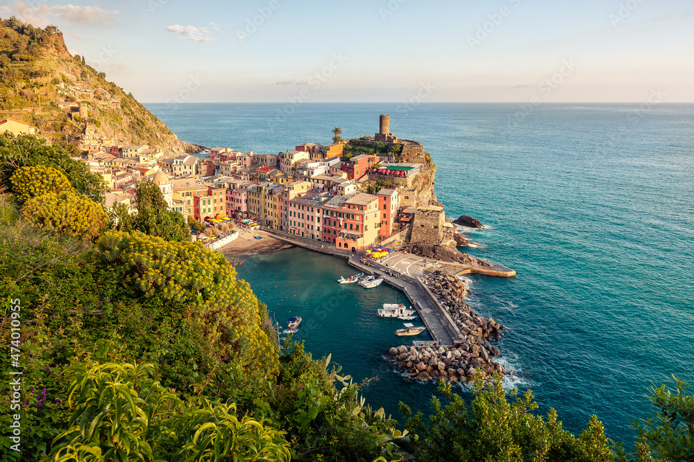 Second in the five villages of Cinque Terre, Liguria, Italy - Vernazza is getting prepared for a stunning sunset