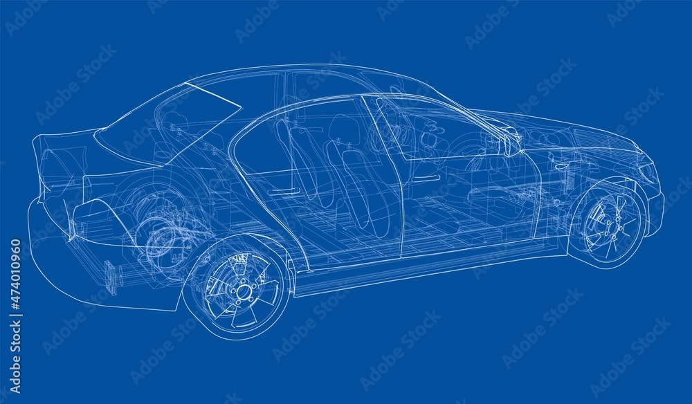 Electric Car With Chassis. 3d illustration